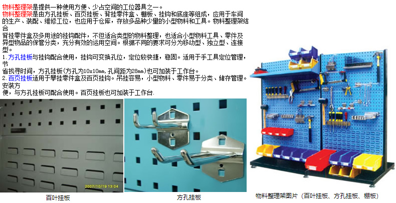 物料整理架是提供一種使用方便、少占空間的工位器具之一。 物料整理架是由方孔掛板、百頁(yè)掛板、背掛零件盒、棚板、掛鉤和底座等組成，應用于車(chē)間 的生產(chǎn)、裝配、維修工位，也應用于倉庫，存放多品種少量的小型物料和工具。物料整理架結合 背掛零件盒及多用途的掛鉤配件，不但適合類(lèi)型的物料整理，也適合小型物料工具、零件及 異型物品的保管分類(lèi)，充分有效的運用空間。根據不同的要求可分為移動(dòng)型、獨立型、連接型。 1.方孔掛板與掛鉤配合使用，掛鉤可變換孔位，定位較快捷，穩固。適用于手工具定位管理，節 省找尋時(shí)間，方孔掛板(方孔為10x10mm,孔間距為28mm)也可加裝于工作臺。 2.百頁(yè)掛板適用于攀掛零件盒及百頁(yè)掛鉤。吊掛容易，小型物料、零件易于分類(lèi)、儲存管理。安裝方 便，與方孔掛板可配合使用。百頁(yè)掛板也可加裝于工作臺.